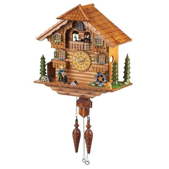 Horloge coucou à quartz avec musique Maison de la Forêt-Noire avec hachoir en bois mobile et roue de moulin EN 463 QMT