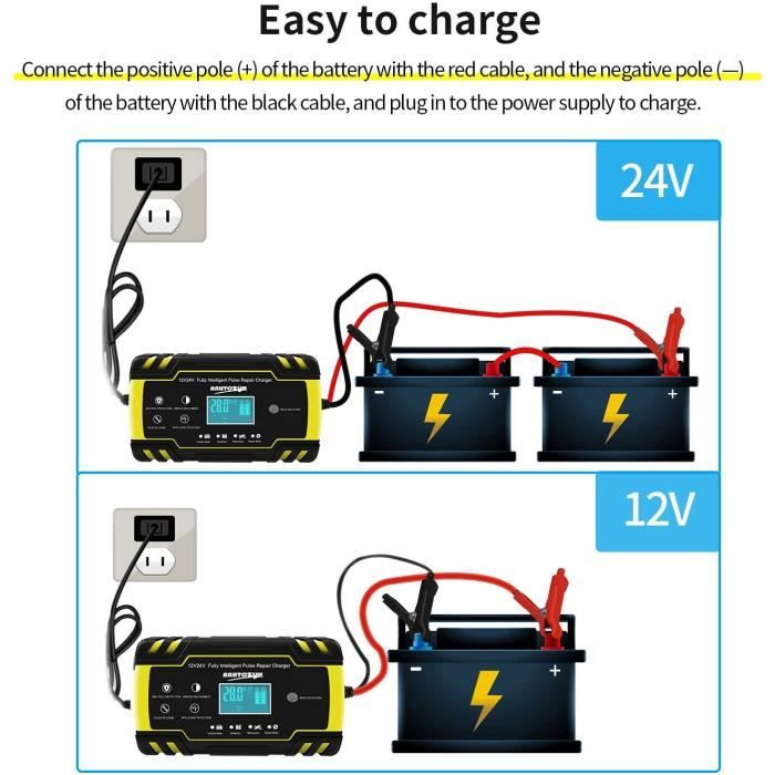 Chargeur, booster et câbles de démarrage Chargeur de Batterie Intelligent  Portable 8A 12V/24V avec LCD