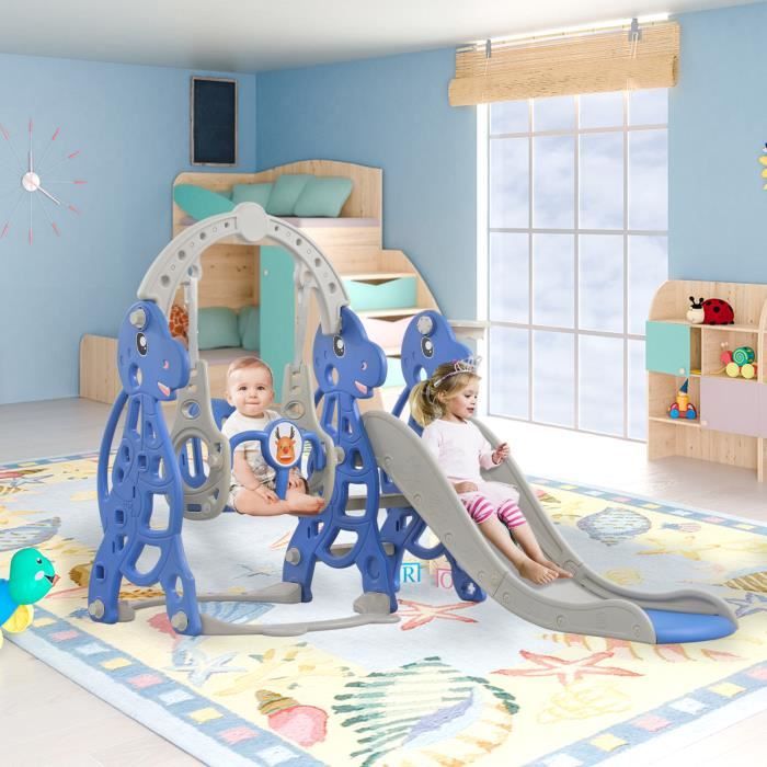 Toboggan 4 En 1 Pour Enfant – Balançoire, Panier De Basket Et Échelle D'Escalade – Dès 1 An – Bleu 175x140x120 Cm
