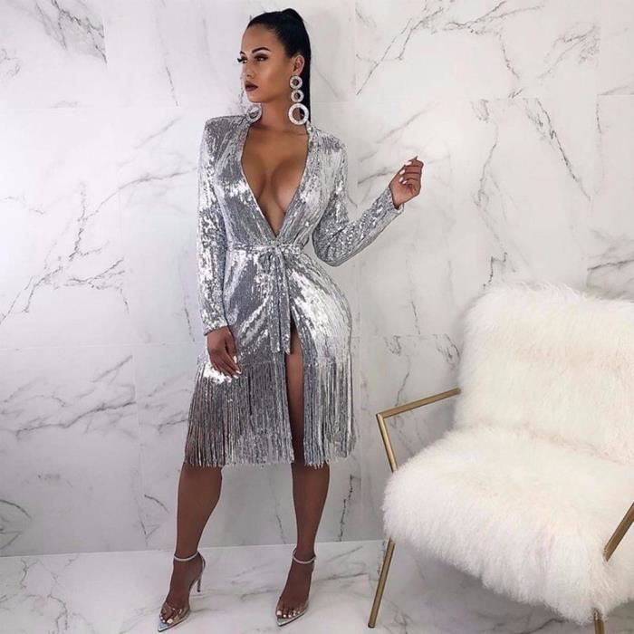 Robe BE HYGGE robe scintillante a franges argentees Sexy decollete en v profond manches longues brillante fente Type Fans Blanc Cdiscount Pret a Porter