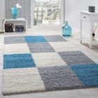 Paco Home Tapis Shaggy Longues Mèches Hautes Carreaux Gris Blanc Turquoise 160x220 cm