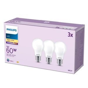 AMPOULE - LED Philips pack de 3 ampoules LED E27, blanc chaud