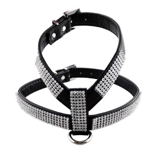 Black Harness-XS -Harnais en cuir avec strass Bling pour chien, laisse pour petit chien, chiot, chat, Chihuahua, chiot, gilet, harna