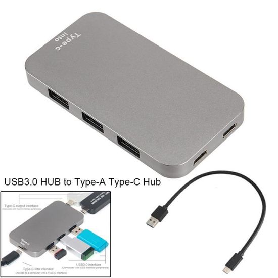 5-Port HUB USB3.0 de Type-A Type-C Alliage d'aluminium compatible avec Windows/Linux/MACOS Desktop/PC