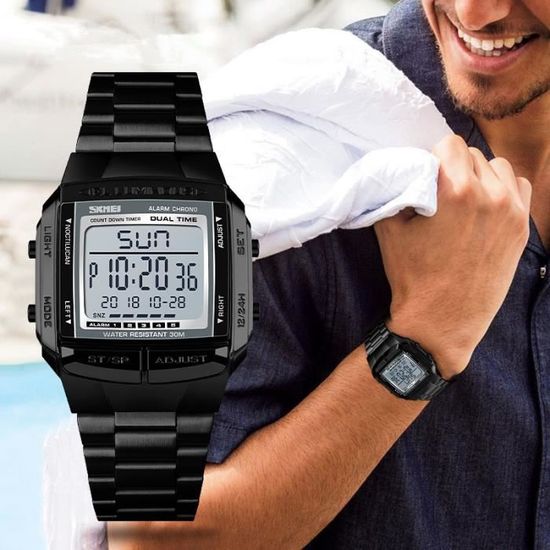 Montre Homme Luxe numérique chronomètre réveil sport étanche carré argent ,  - Achat/vente montre Homme Adulte Blanc Argenté Acier - Cdiscount