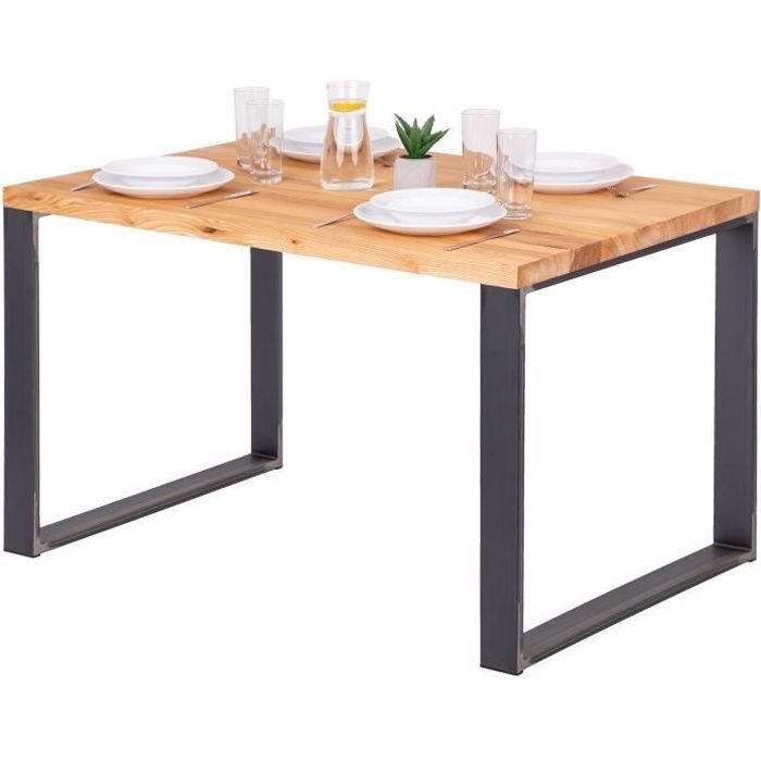 LAMO MANUFAKTUR Table à manger industrielle en bois massif - 120x80x76cm - frêne naturel - pieds acier brut - modèle modern