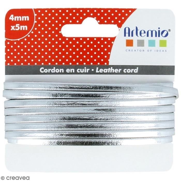 Cordon cuir 4 mm plat uni - Argenté - 5 m