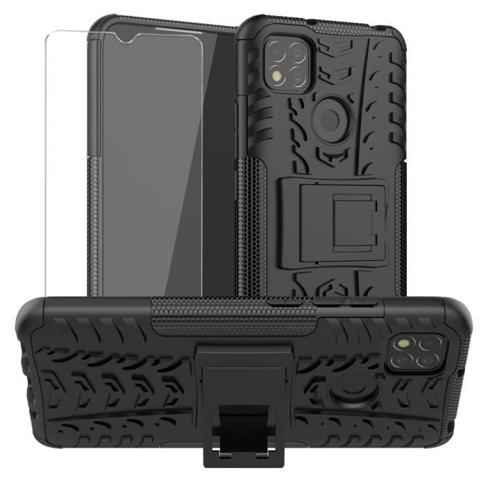 Coque Xiaomi Redmi 9C / Redmi 9C NFC + Verre Trempé, TPU Robuste en Silicone Étui PC Hybrid Double Layer Housse - Noir.