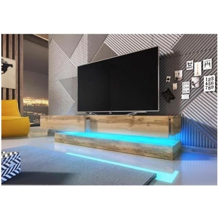 Meuble TV design suspendu FLY 140 cm à 2 tiroirs, coloris chêne Wotan + led Marron