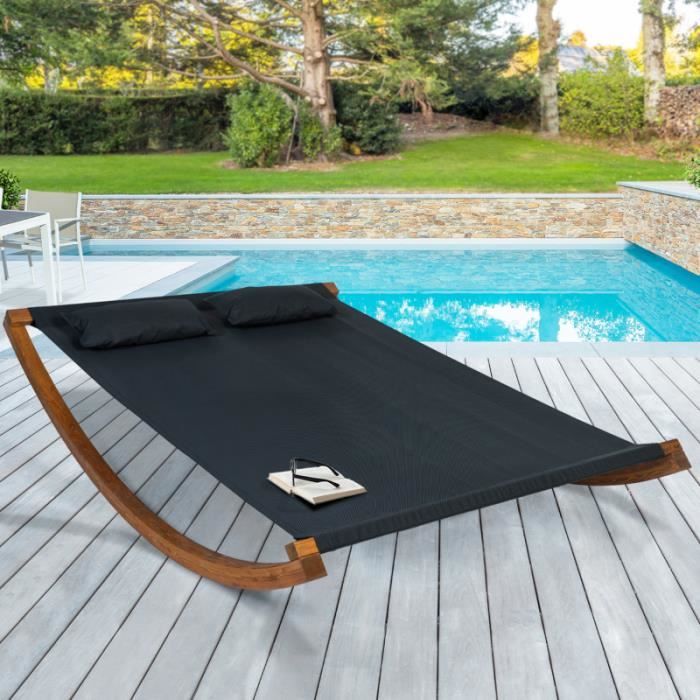 ID MARKET - Lit de jardin en bois à bascule toile noire