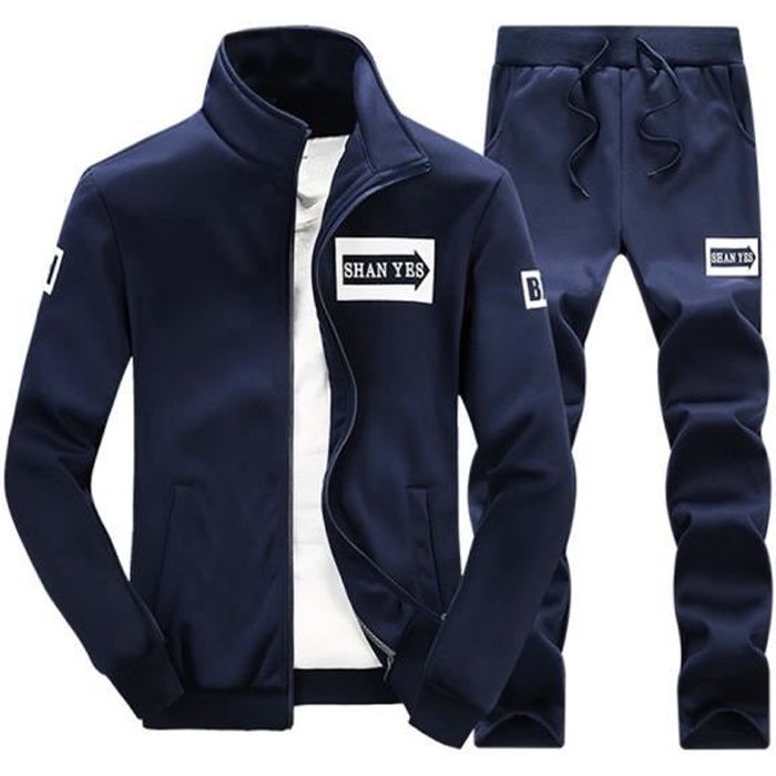 Survêtement Homme 2 Pièces Ensemble à Manches Longues Zippé Garçon Jogging Sport Décontracté Veste+Pantalon Bleu Foncé hooded/hoodie