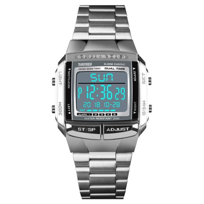 Montre Homme luxe marque bracelet numérique électronique chronomètre alarme sport étanche carré 2020 mode argent