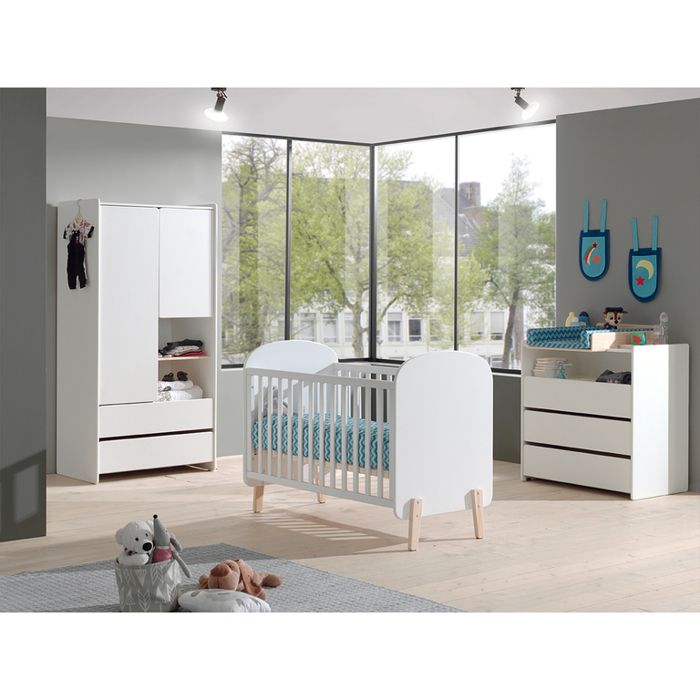 Lit bébé 60x120 - Commode 3 tiroirs et Armoire 2 portes Kiddy - Blanc