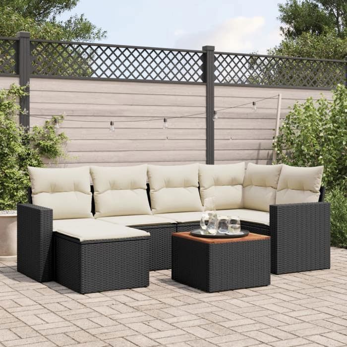 vidaXL Salon de jardin 7 pcs avec coussins noir résine tressée 3224222