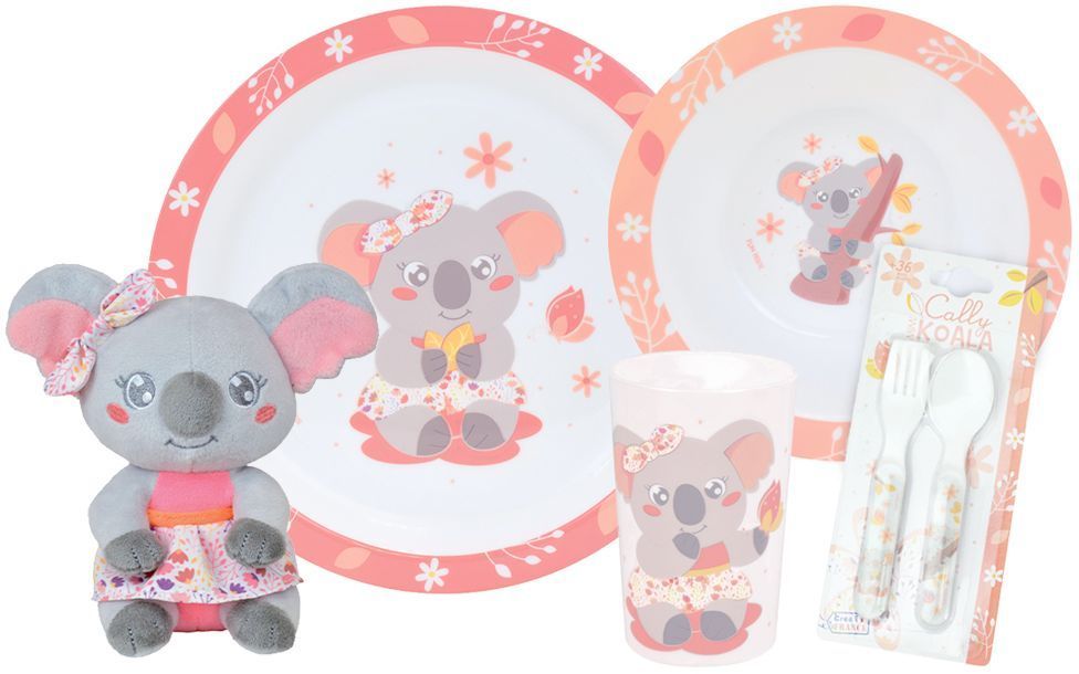 Lot+vaisselle+-+FUN+HOUSE+-+KOALA+-+Verre+220+ml+assiette+creuse+Ø+16+cm+assiette+plate+Ø+22+cm+couverts+et+peluche+22+cm