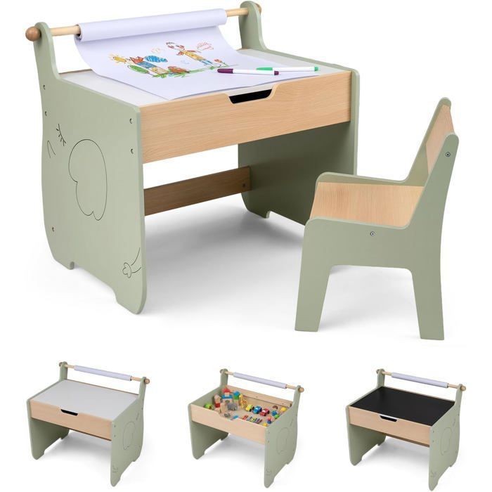 Table 3 en 1 et Chaise pour Enfant COSTWAY Plateau Amovible 2 en 1 Rangement Porte-rouleau de Papier pour Crèche et Salle de Jeux