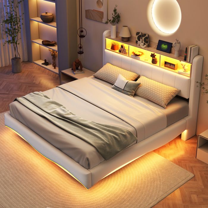 Lit double capitonné 160x200cm - Avec éclairage LED +USB+TYPE-C - Avec rangement - Lin - Beige (matelas non inclus) Lit double capitonné 160x200cm - Avec éclairage LED +USB+TYPE-C - Avec rangement - Lin - Beige (matelas non inclus)