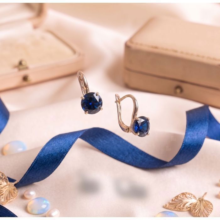 Boucles dOreilles - Dormeuses - Solitaire - Zircon - Bleu Saphir - Plaqué Or Jaune 750/1000 - Femme