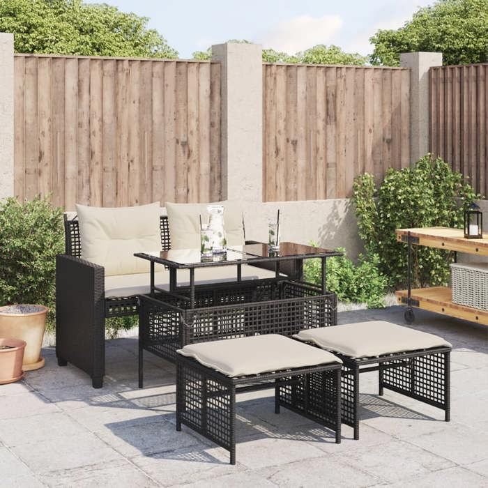 Set meubles d’extérieur BONNIE Salon de jardin avec coussins 4 Pièces résine tressée verre 122 x 57 x 79cm