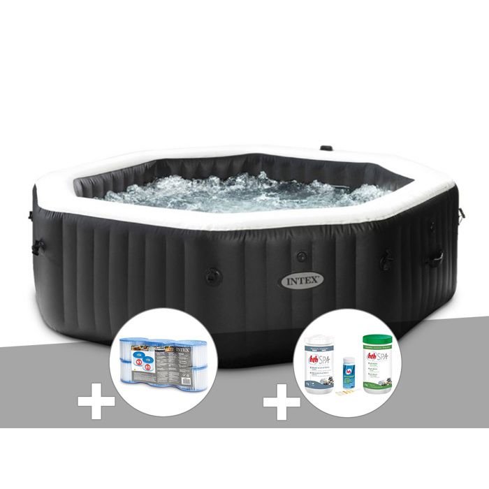 Intex Kit spa gonflable PureSpa Carbone octogonal Bulles et Jets 6 places + 12 filtres + Kit traitement brome