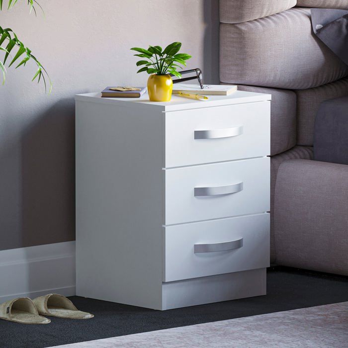 Table de chevet Hulio blanche haute brillance 3 tiroirs - 56 x 40 x 36 cm