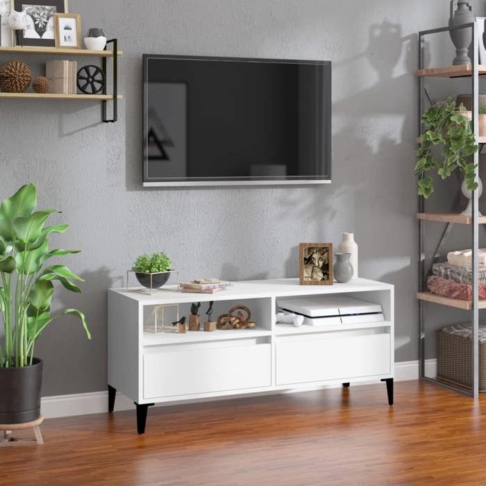 （7789571)Meuble TV - Banc TV Scandinave - blanc 100x345x445 cm bois dingénierie