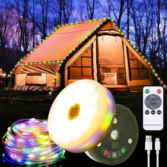 Enroulable Lampe de Camping Portable 10M avec 7 Modes Déclairage Guirlande Camping Rechargeable Étanchéité IP44，Avec