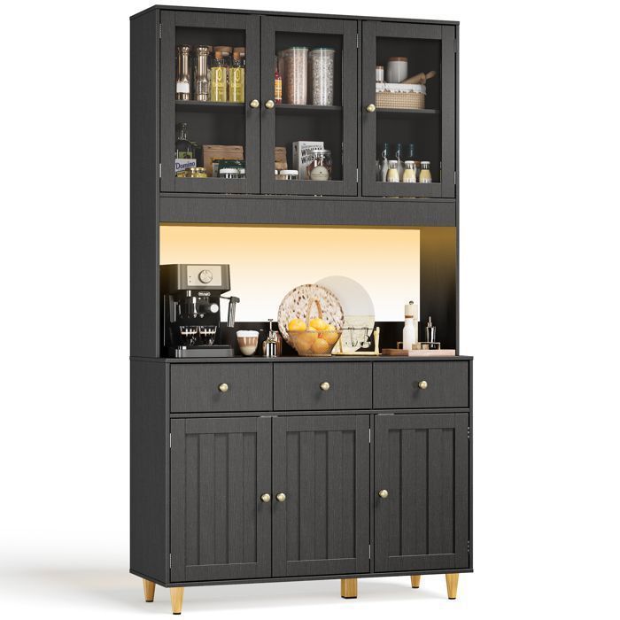 Buffet Haut Cuisine - Bealife - 6 Portes - 3 Tiroirs - 1 Niche - Étagère Réglable - LED - Prise USB - Meuble Armoire Rangement Noir