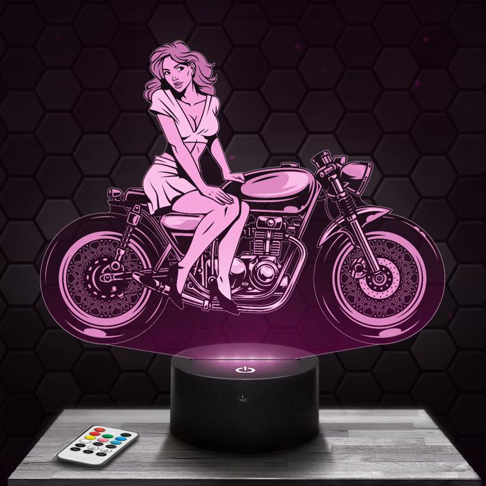 Lampe 3D - Moto Pin Up Vintage - Accessoire Objet Cadeau Moto Pin Up Vintage - Veilleuse Led Tactile avec socle au choix