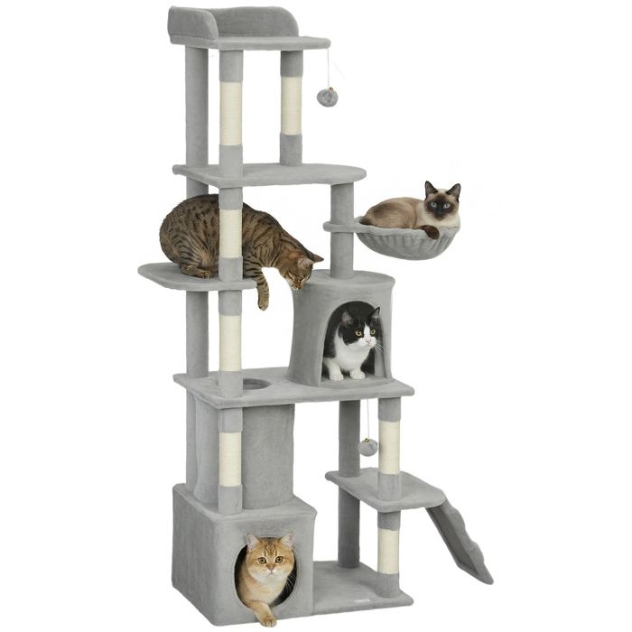Meilleurs prix pour Arbre à chat - tour de jeux - PawHut - 7 poteaux à griffer 3 platesformes 2 niches tunnel hamac - 170 cm - gris foncé