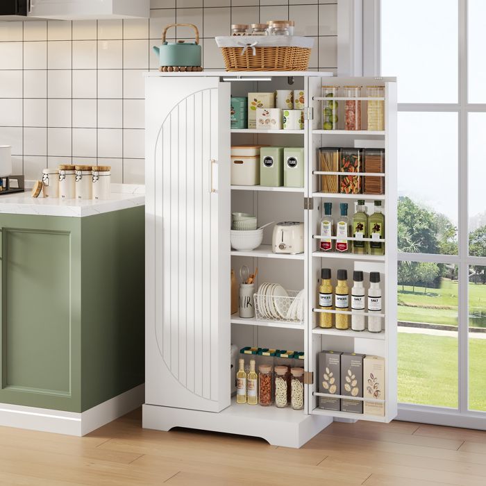 Buffet de cuisine - MODERNLUXE - 60x35x128 cm - Capteur de lumière LED - 2 portes - Étagères réglables - Blanc