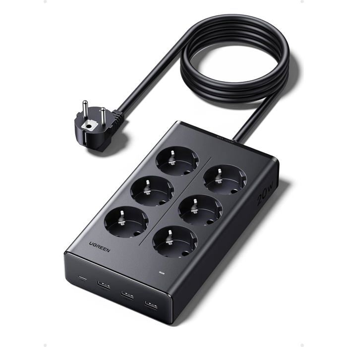 UGREEN Multiprise Parafoudre 10-en-1 – 6x AC + 4x USB (USB‑C 20W) 3680W câble 15 m