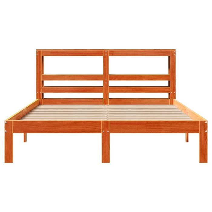 Cadre de lit en bois de pin massif - UU - 140x190 cm - Cire marron - Étagères de rangement - Sommier à lattes