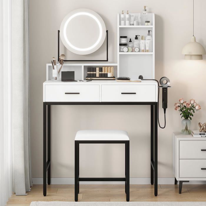 Coiffeuse avec miroir rond LED pivotant à 360° 2 Prise et Port USB support sèche-cheveux 2 tiroirs et tabouret Blanc et noir