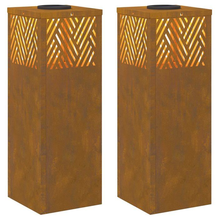 Lumière de chemin LED solaire vidaXL Acier Corten 18x18x50 cm chaud Autoportant