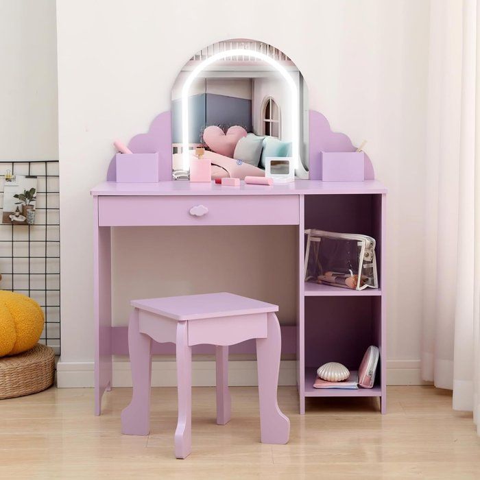 Coiffeuse Avec Tabouret Pour Enfant HOMCOM - Rose - Table De Maquillage Avec Miroir Et Tiroir - À Monter