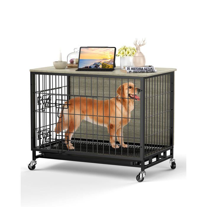 Comparer les prix de Meuble cage pour chien robuste 272 Bois solide double porte plateau amovible roulettes – Table d’appoint gris