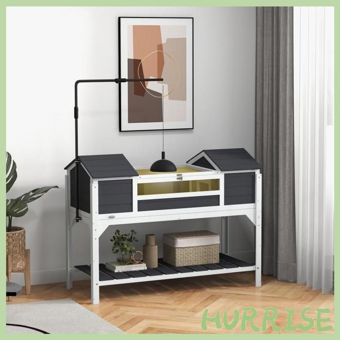 Cocosity Maison Tortue Terrestre Extérieure Enclos Tortue 2 Niches Support De Lampe Réglable Bois Massif 122 X 565 X 93 Cm Gris