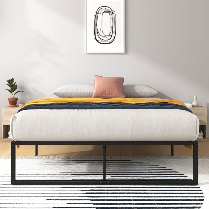 Cadre de Lit 2 Personnes 140x190 cm - Sommier en Acier Robuste Noir - Structure Durable