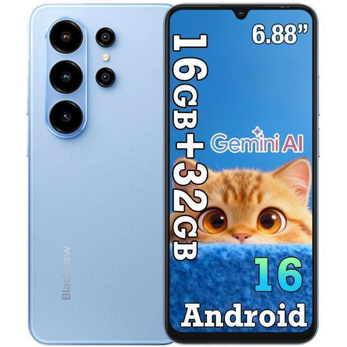 Blackview WAVE 10C Smartphone 6.88 Écran 16Go(4+12) + 32Go/jusquà 1To 5000mAh Android 16 32MP Téléphone 4G Double Sim GPS - Bleu