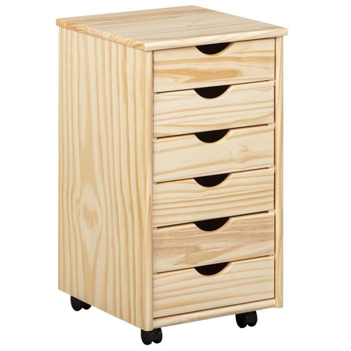 Caisson roulant - Caisson roulant 6 tiroirs - Caisson bureau - Armoire roulante - Chariot à tiroirs - Pin massif - 35x39x66 cm