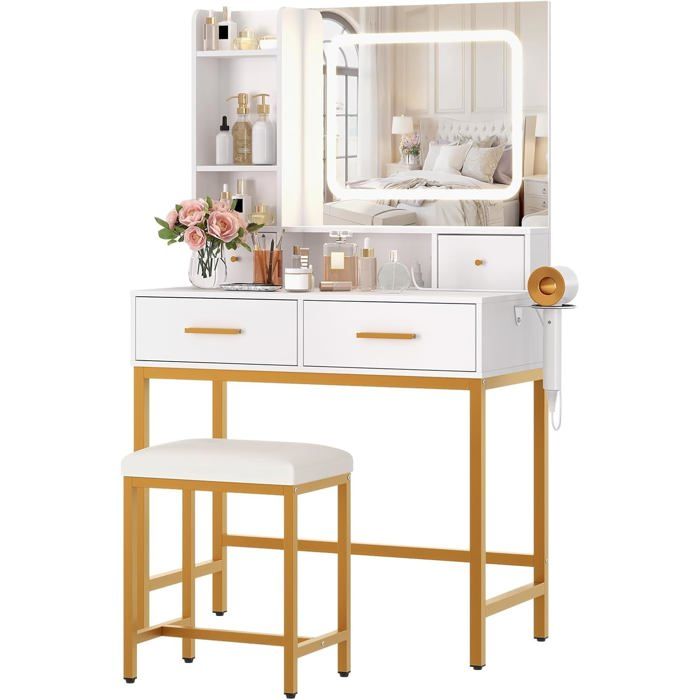 Coiffeuse avec Miroir LED Et Tabouret3 Modes dÉclairage 4 TiroirsPrise Électrique Intégrée&Étagères pour ChambreBlanc Et Or