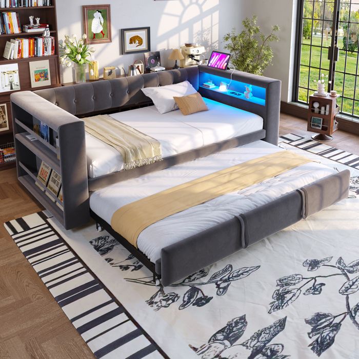 Lit Combiné 2 Places 180×190 cm avec LED prises et rangement lit convertible sans matelas Gris Foncé - UVRION