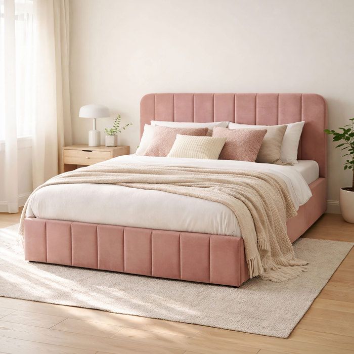 Lit coffre 160x200 velours vieux rose + tête de lit + sommier à lattes