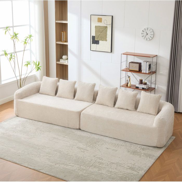 Canapé modulable compressé en chenille beige 6 places livré monté avec coussin