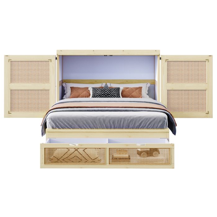 SENVIRO lit escamotable vertical 140 x 200 cm sommier à lattes inclus 2 tiroirs de rangement décor rotin tressé bois naturel