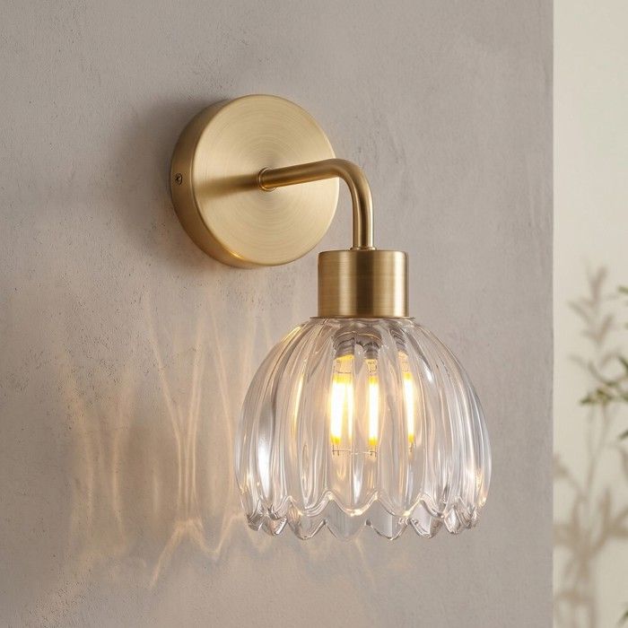 WOTTES 1 x Applique Murale Fleur Vintage Laiton Doré et Verre Transparent Lampe Murale E27 Luminaire Salle de Bain Chambre Cuisine