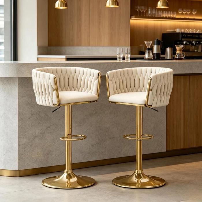 Lot de 2 Chaises de Bar Pivotantes à 360° en Velours-Hauteur Réglable (61-81cm)-Repose-Pieds Argenté- Cuisine/Bar/Café
