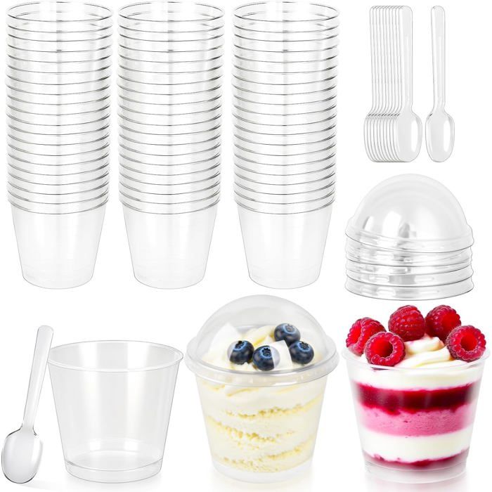 Lot de 60 verrines dessert 210 ml 7 oz - plastique transparent avec couvercle et cuillère réutilisable
