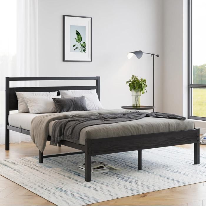 WUVRIE Cadre de lit 120 x 200 cm en métal et MDF noir avec tête et pied de lit sommier à lattes inclus